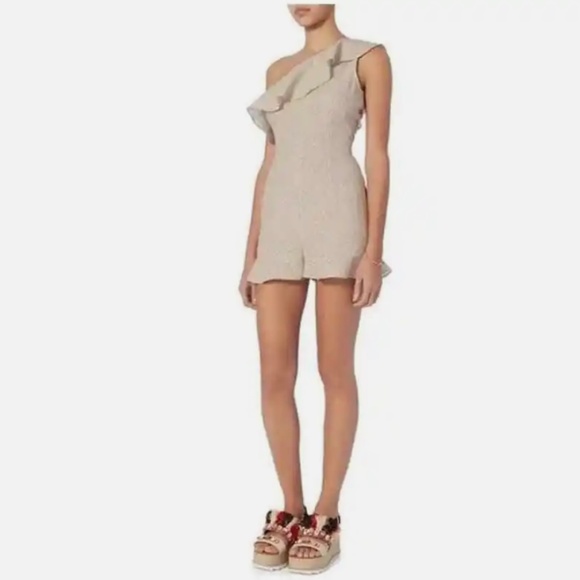 INTERMIX Pants - INTERMIX Linen Blended Pinstriped Beige/Cream, One Shoulder Ruffle Romper, Small